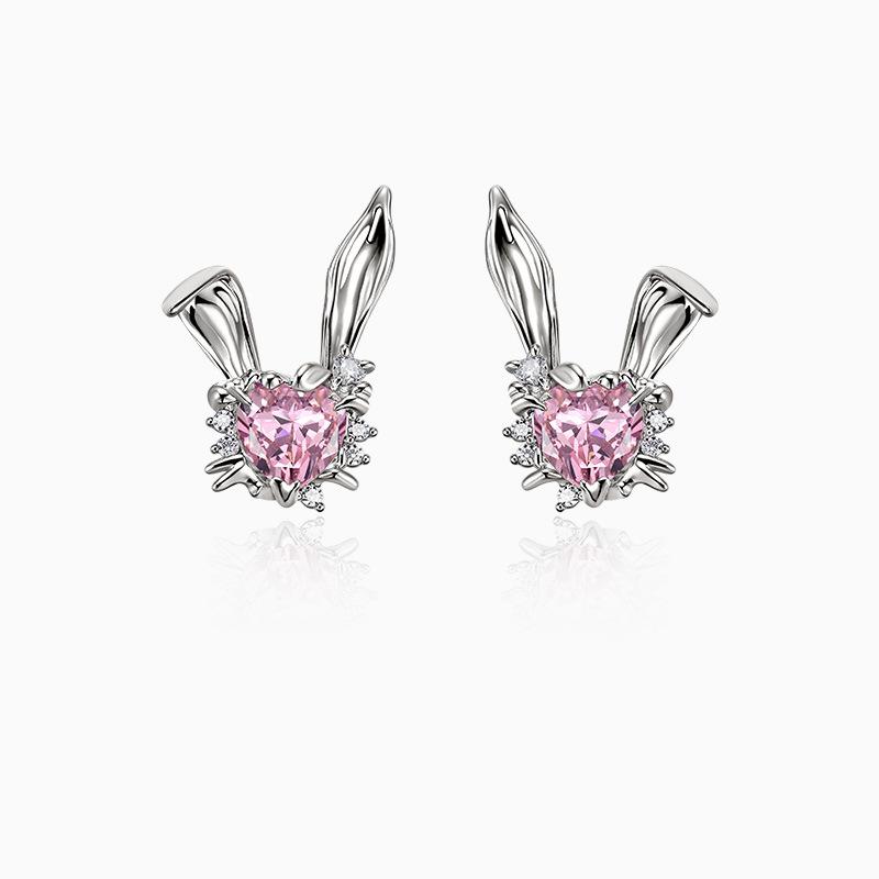 Alice Verspielte Hasenohren Liebe Edelsteinohrringe Ohren faltbar Hasenpuder Herzring Süß Kühl Rosa Diamant Süßes Hasenohrring Halskette für Frauen