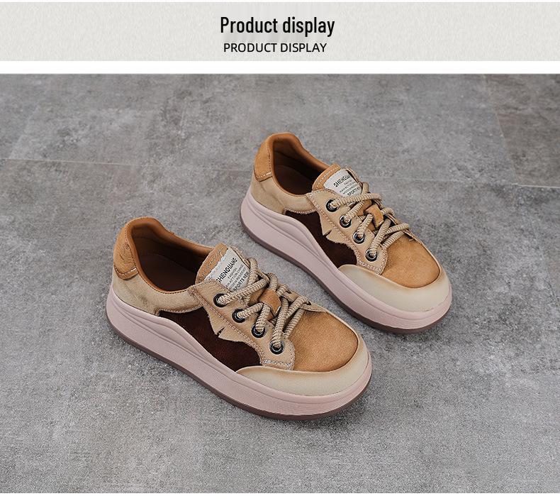 Autumn Women's Thick Sole Genuine Leather Lace-up Casual Shoes - Colorblock Low-top Spring Design