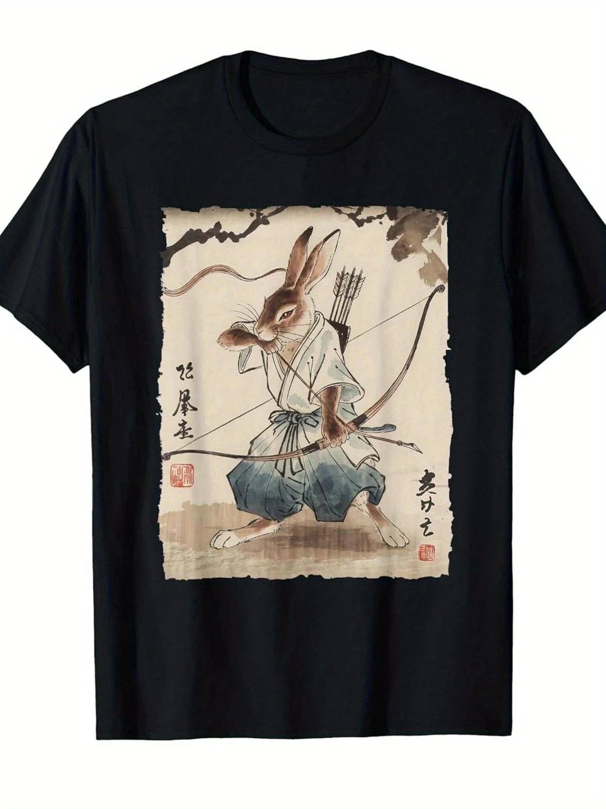 Samurai Rabbit Archer Graphic T-Shirt Japanese Manga Style Warrior Bunny Tee 4XL