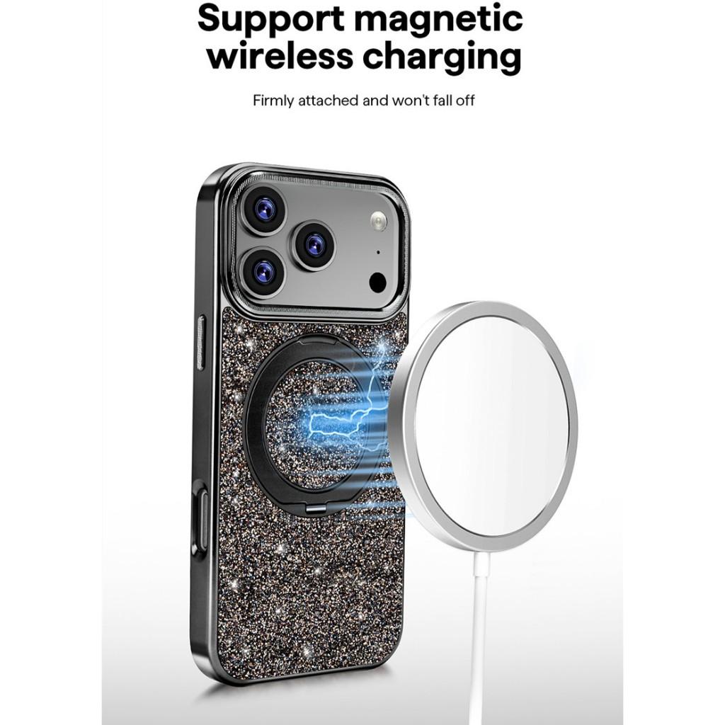 Magnetic Metal Bracket Shining Stand Case For iPhone 12 13 14 15 16 17 Pro Max Air Wireless Charging Luxury Metal Buttons Cover