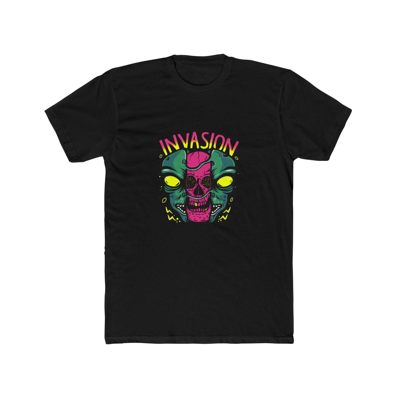 Alien Skull Invasion T-Shirt | Neon Retro Sci-Fi Graphic Tee, Cool T-Shirt Style XL