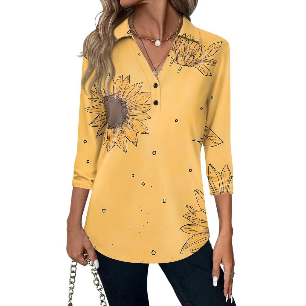 Women's Fashion Casual Lapel Short 3/4 Sleeve Print Shirt Women's V-Neck Button Tops