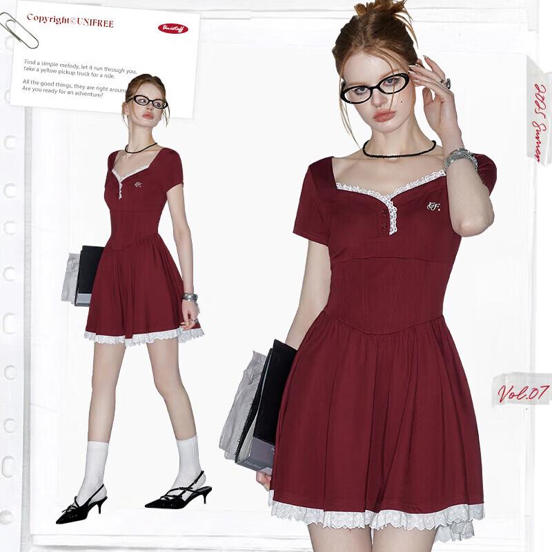 UNIFREE Red Lace-Trim Square Neck Mini Dress S