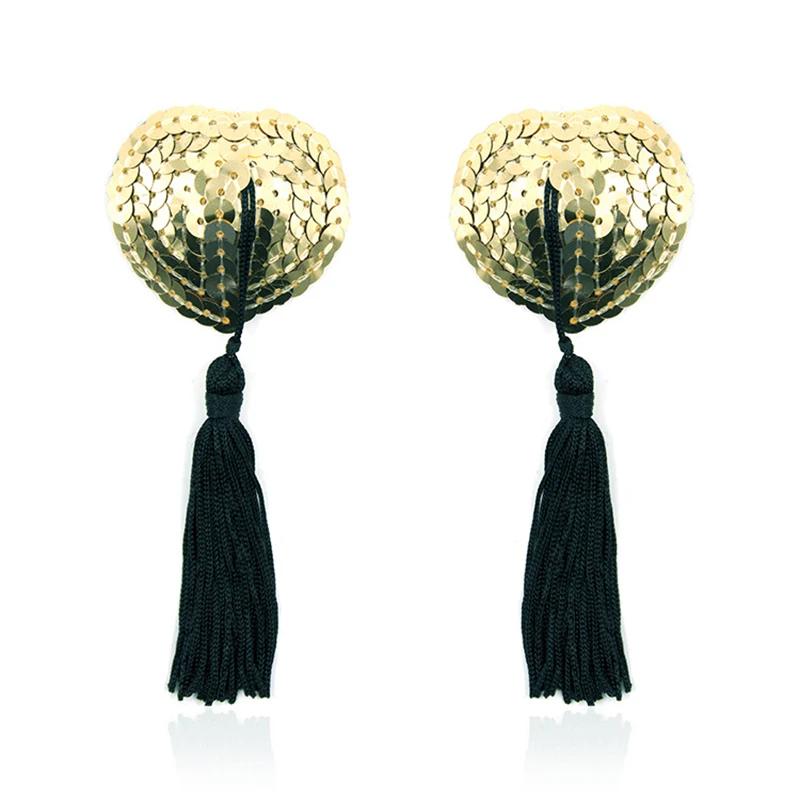 1Pair Sexy Pasties Stickers Sequin Nipple Covers with Tassels Heart Shape Nipple Stickers Pasties  Chest Stickers