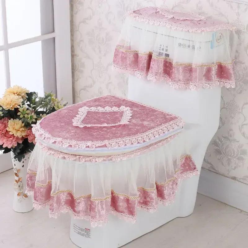 Thickened Toilet Dust Three Piece Set Autumn and Winter Sitting Toilet Cover U-shaped Cushion Zipper Lace Ruffled Toilet Cover