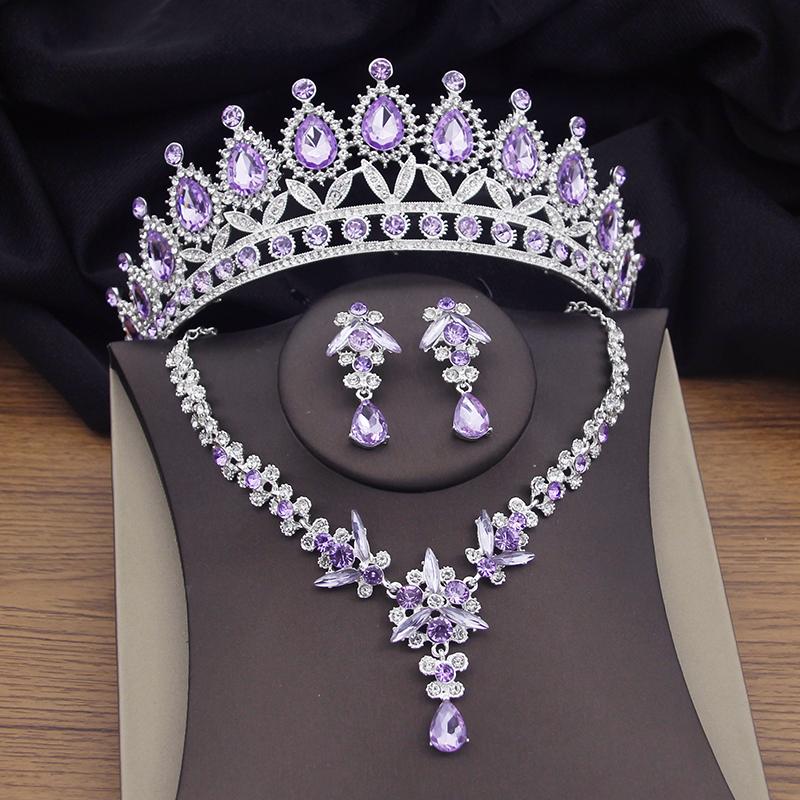 Wunderschöne Lila Kristall Brautschmucksets für Frauen Tiaras Ohrringe Halsketten Set Hochzeitskrone Schmuckset Mode