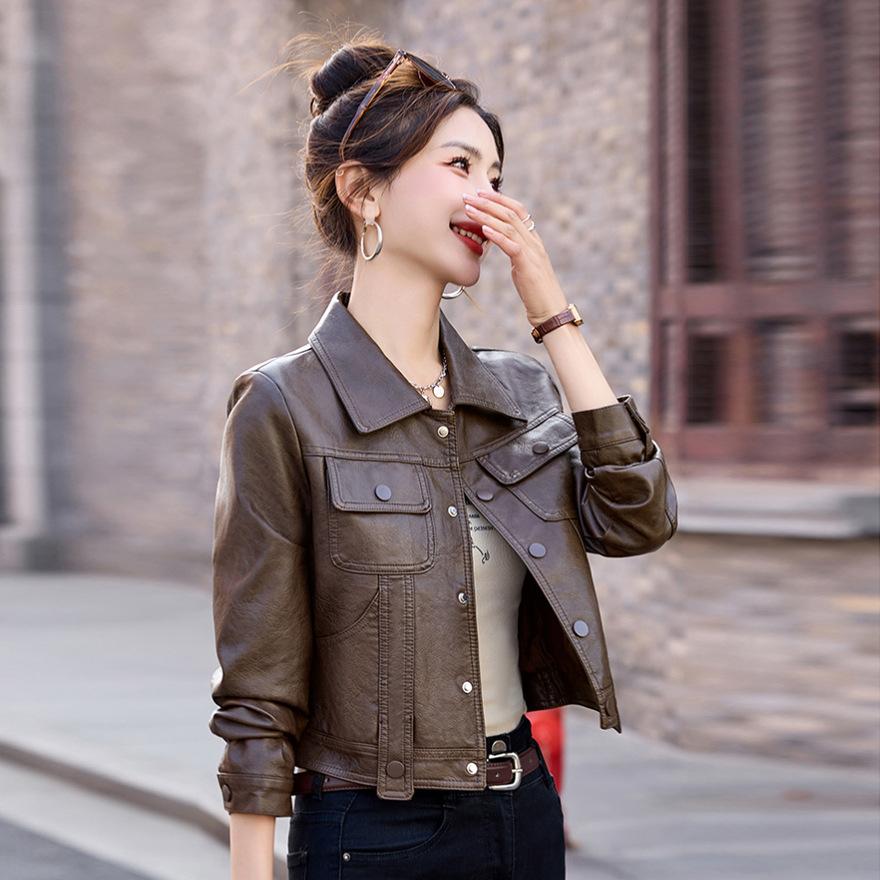 

Маленькая короткая кожаная куртка весна новая женская приталенная и тонкая кожаная куртка мотоциклетный костюм 3XL