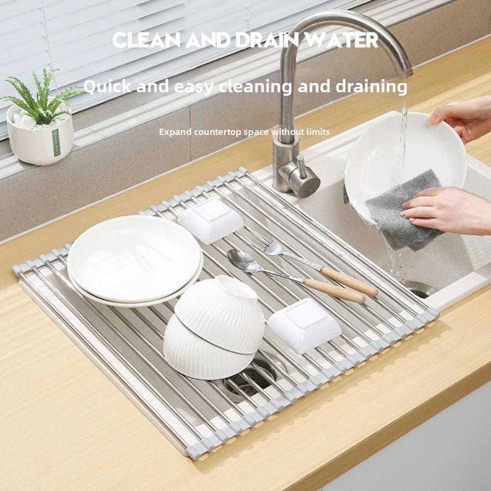 Rustproof Dish Drainer Multi-Functional Roll Up Dish Rack Sink Drain Rack Tableware Storage