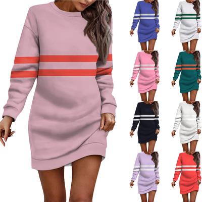 Women's Round Neck Striped Graphic Long Sleeve Hip Dress Sweater Dress