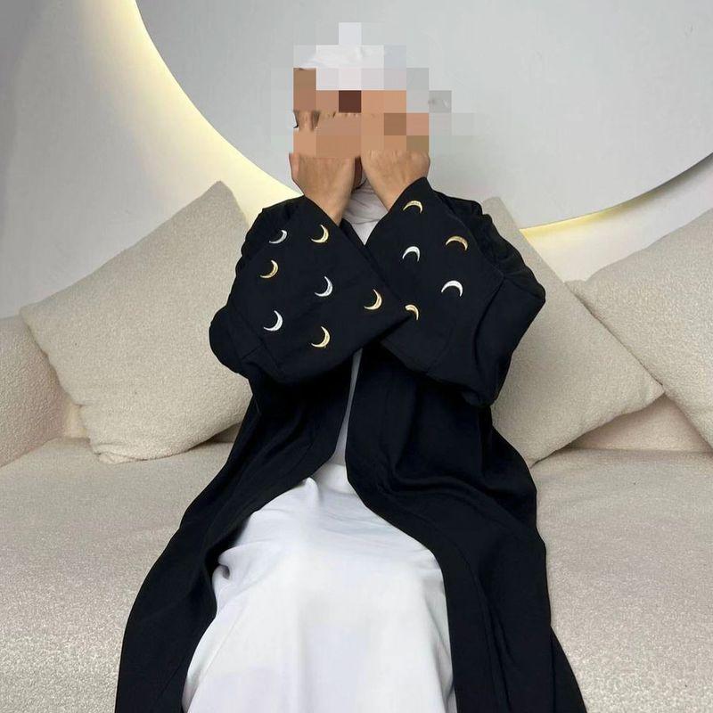 New Middle East Dubai Moon Embroidery Cardigan Elegant Robe Dress Moon Embroidered Dress