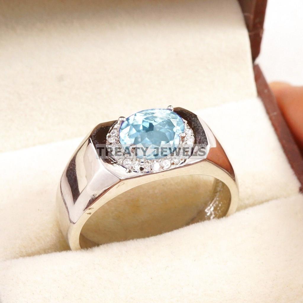 Aquamarine Oval Cut Gemstone With 925 Sterling Silver Ring For Men's #A757 JL375659103156
