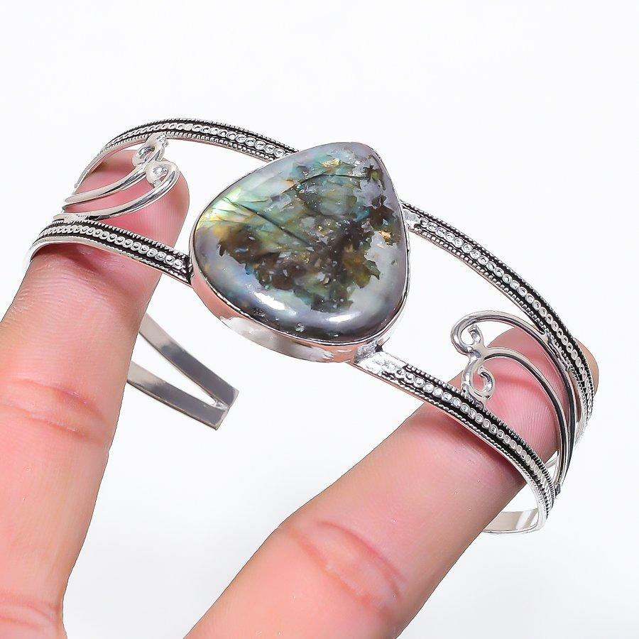 

Natural Labradorite Gemstone 925 Sterling Silver Cuff Bangle Adjustable W7i93