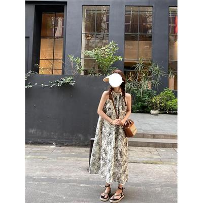 Summer Neck Thin Suspender Sleeveless Dress Long Dress New Versatile Girl Temperament Print