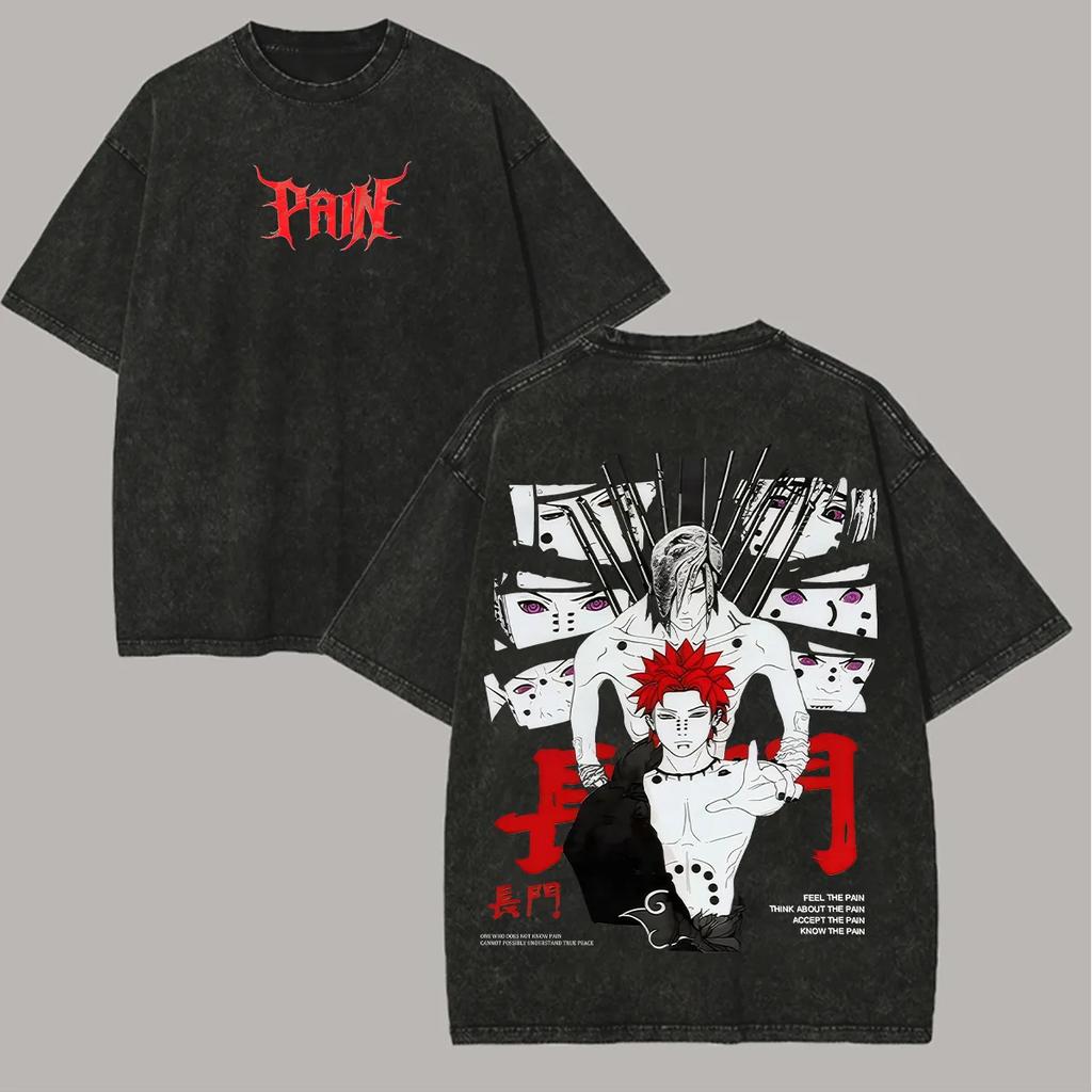 Pain Nagato T Shirt Naruto Men Acid Wash Back Print Akatsuki Anime Graphic Cotton Streetwear Rinnegan Vintage Casual Tee
