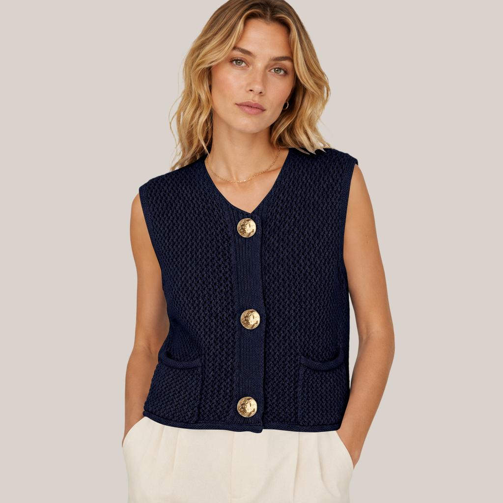 Damen V-Ausschnitt Ärmellose Strickweste mit Taschen Drei-Knopf Cardigan