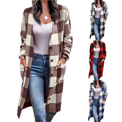 Herbst- und Winterprodukte Damenmode Lockere lange Wollkarierte Einreiher-Taschenjacke