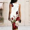 Women Plus Size Asymmetric Ring Strap Sleeveless Floral Printed White Bodycon Midi Dress