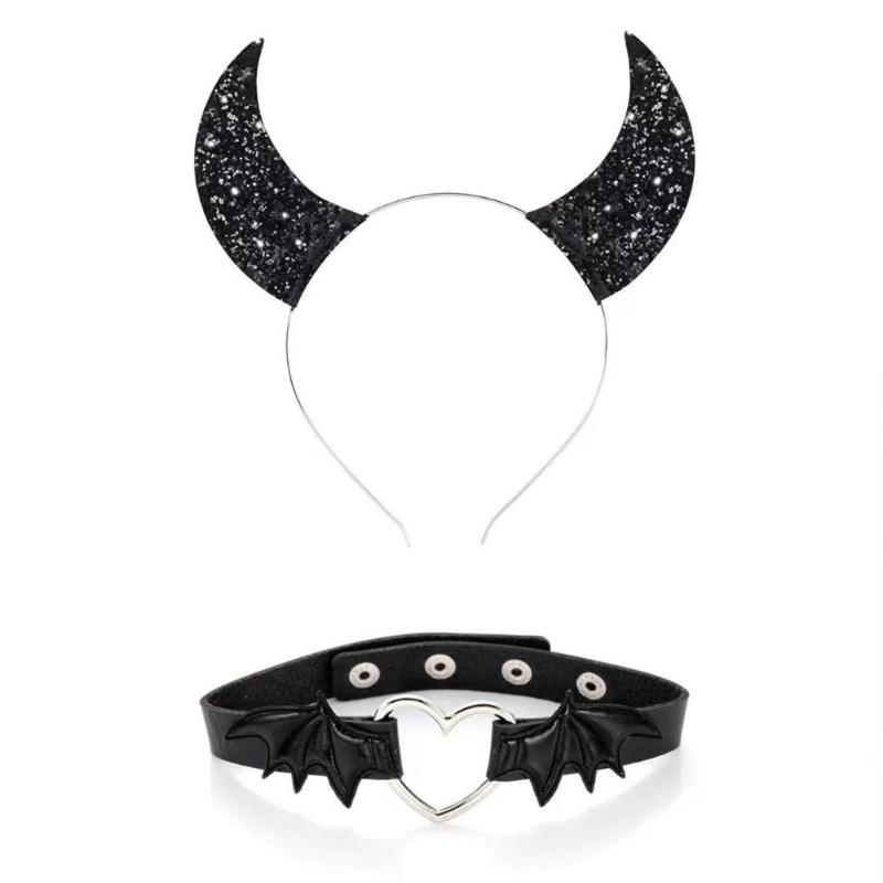 

Gothic Dark Glitter Girls Choker Collar Rose Devil Wing Headband Set Gothic Bat Wing Versatile Choker