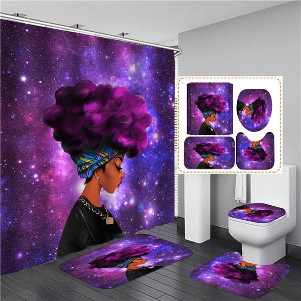 4PCS Full Set Bathroom Curtain Set Elegant African Black Woman Shower Curtain Hooks Modern Bath Mat Toilet Lid Cover Anti-slip Bath Mats