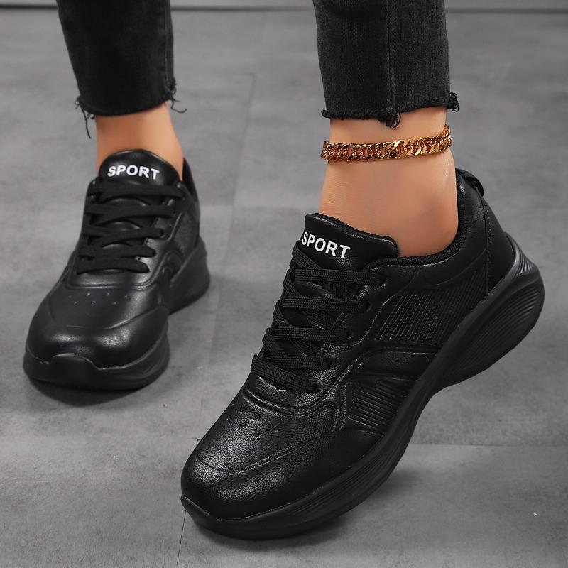 All-black sneakers women's autumn leather surface waterproof soft sole lightweight pure black long standing without tiring feet work shoes