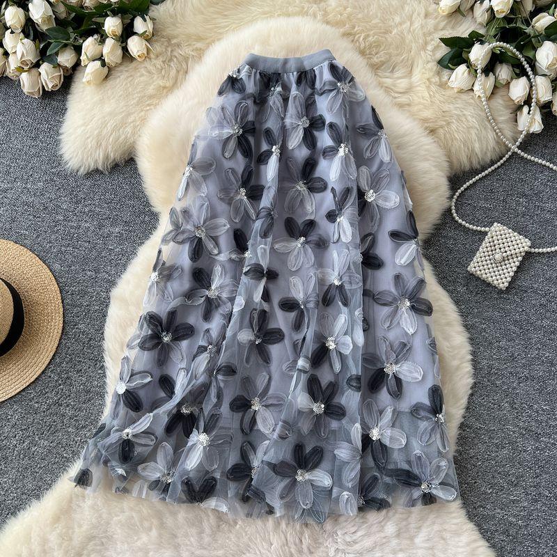 

French style Romantic Atmosphere Mesh Skirt Women s Summer Elastic Waist Three-Dimensional Flower A Word Beautiful Long Skirt Grey All yards