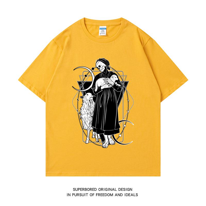 

Футболка из тяжелого веса 220GSM, футболка из 100% хлопка, футболка с принтом «Ангел смерти», «Мрачная пастушка», мужские повседневные базовые мужские топы с круглым вырезом, футболка