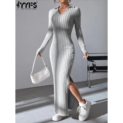 Women's Fashion Spring Fall Solid Color Print Long Sleeve POLO Neck High Waist Casual Dresses