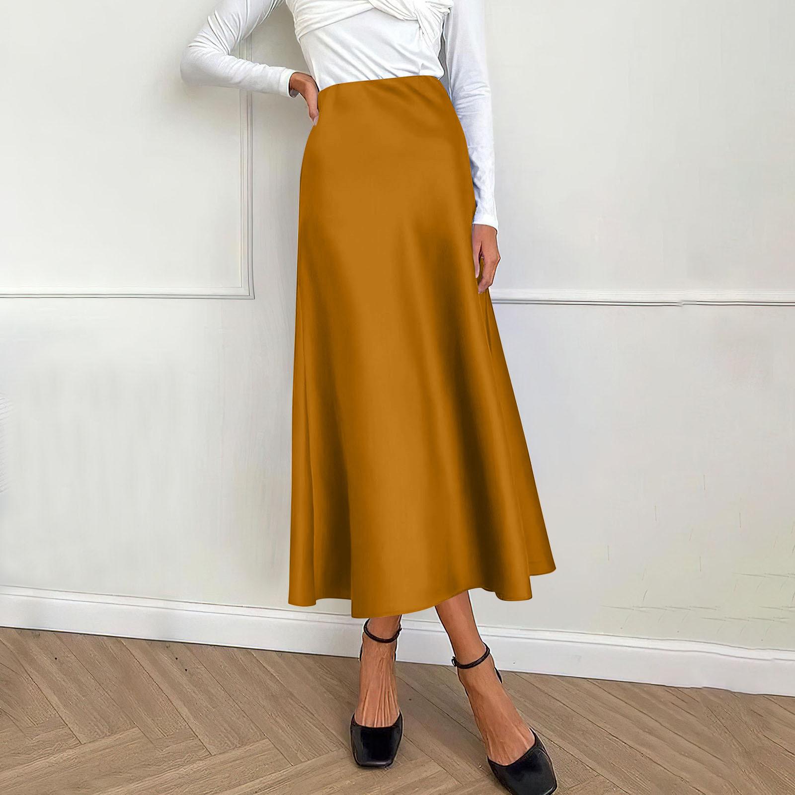 Женская атласная юбка-миди нарядная повседневная трапециевидная юбка с высокой талией — фото 11