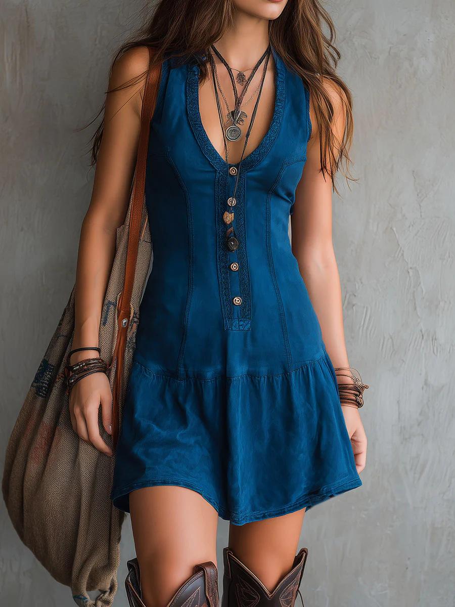 Women s Sleeveless V Neck Button Front Ruffle Hem Midi Dress S синий