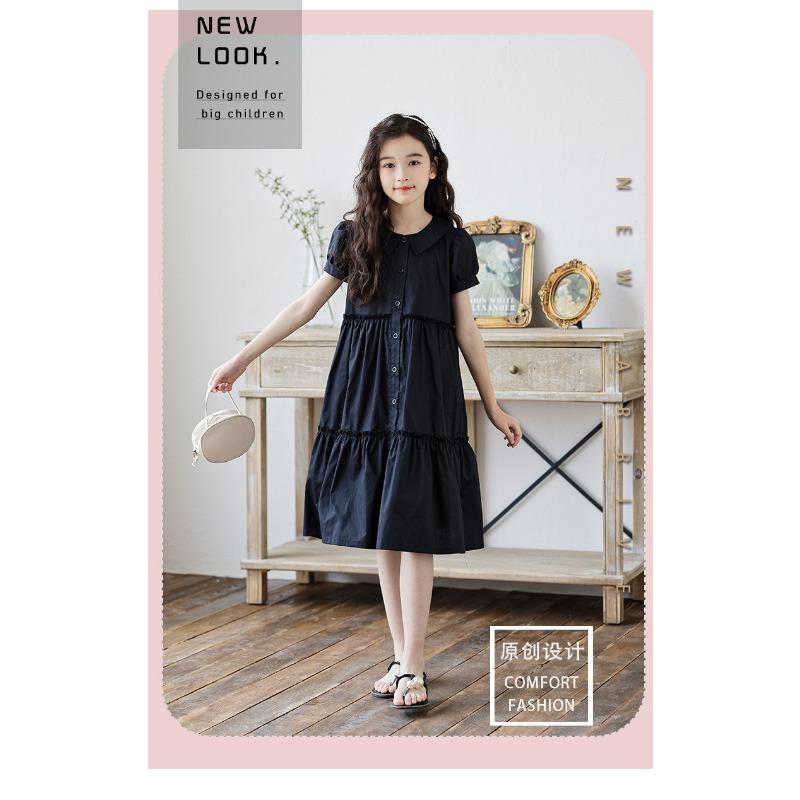 Korean Style Stitched Patchwork Shirt Collar Short Sleeve Big Girls Long Kids Dress