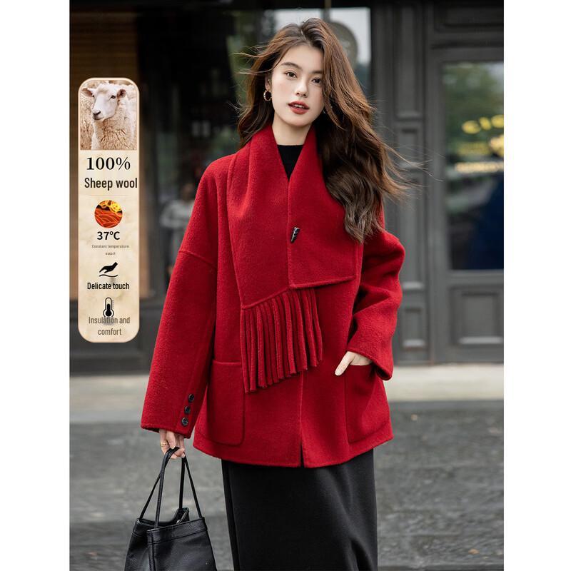 

MOKANA Women s Luxury Double-Faced Wool Coat with Scarf S