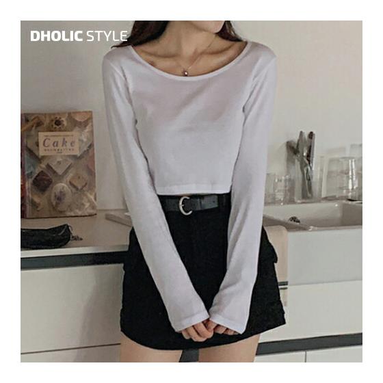 Cropped Basic Long Sleeve T-Shirt/p589838 Women s [Tops] Tops Long Sleeve Round Neck Cropped Length Basic T-Shirt Simple Plain Going Out Mix and