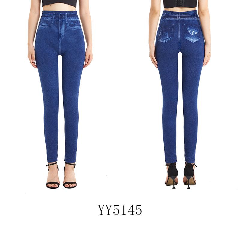 

Женские леггинсы 2023 с высокой эластичностью под имитацию денима - Весенне-осенние бесшовные брюки длиной 9/10 с принтом XL синий