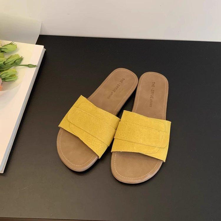 Self-kept version~ Soft leather flat-bottomed slippers for women to wear in summer, new casual one-word sandals, vacation seaside beach shoes