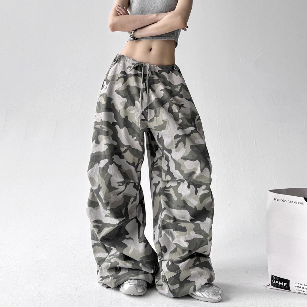 Pantaloni Larghi Camouflage Retro Americano da Donna, Vestibilità Larga Chic, Tuta Casual, Vita con Coulisse Elastica, Pantaloni Casual, Pantaloni Streetwear