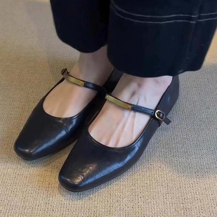 Soft Leather Version~ Shallow Mouth One-word Buckle Black Mary Jane Shoes Women's Retro Flat-bottomed Comfortable Versatile Square Head Smal