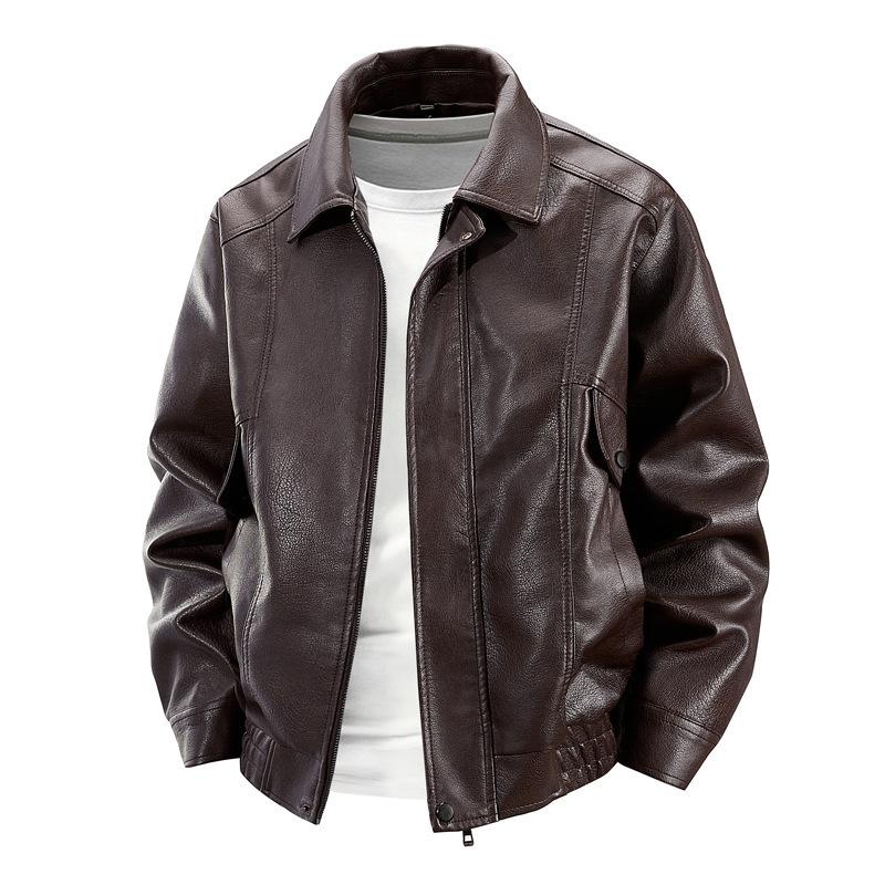 Men's leather jacket Spring and autumn Hong Kong style American retro lapel large size locomotive leather jacket Men's casual coat