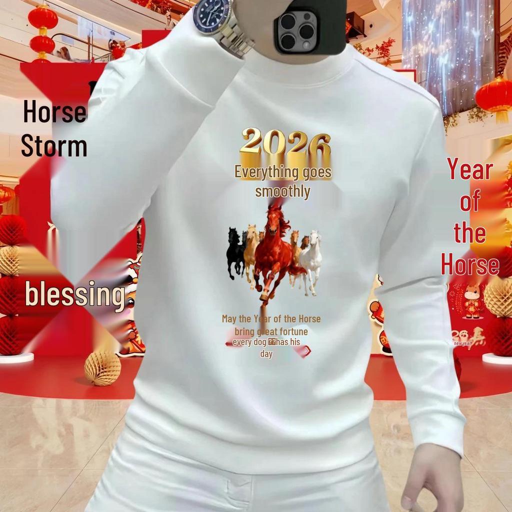 2026 Men's Year of the Horse Crewneck Hoodie: Trendy Winter Velvet Casual Long Sleeve Top