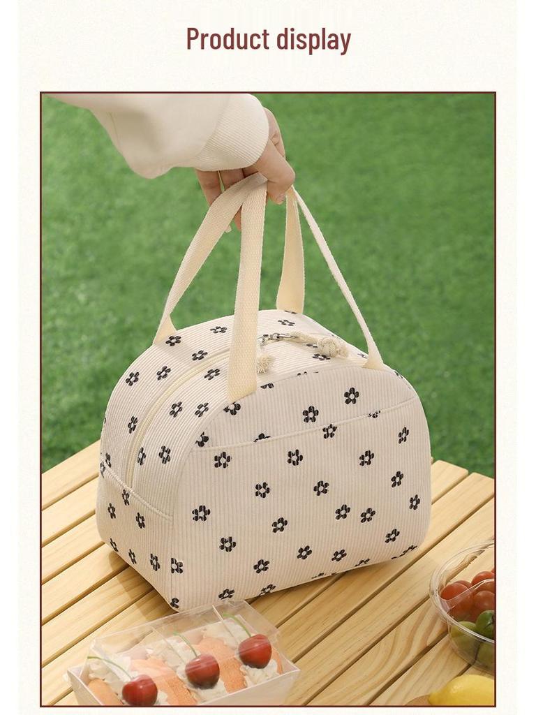 Large Capacity Corduroy Bento Bag for Work and School - Insulated and Portable with Strap