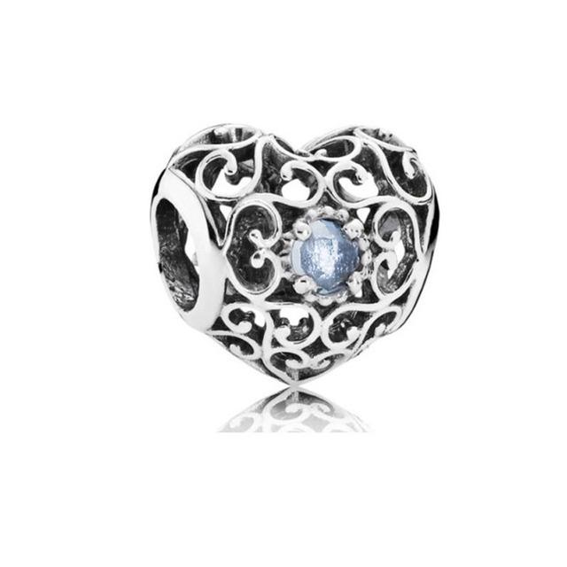 New 12 Month Birthday Stone Heart Openwork Charm Diy Fine Beads Fit Original Charms Silver 925 Bracelet Jewelry F357