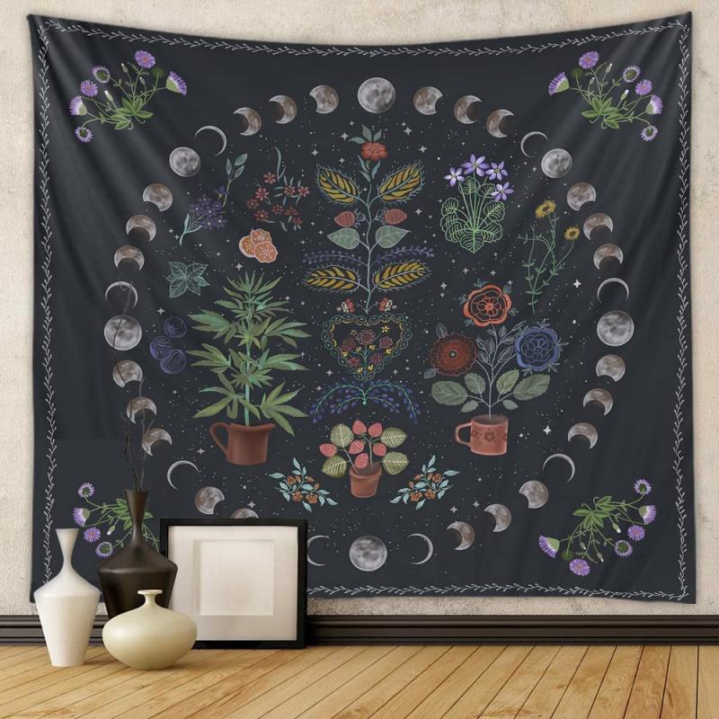 VIKAMA Moon Phase Floral Tapestry with Bohemian Herbal Elements for Bedroom Living Room Decor Aesthetic Mysterious Wall Art
