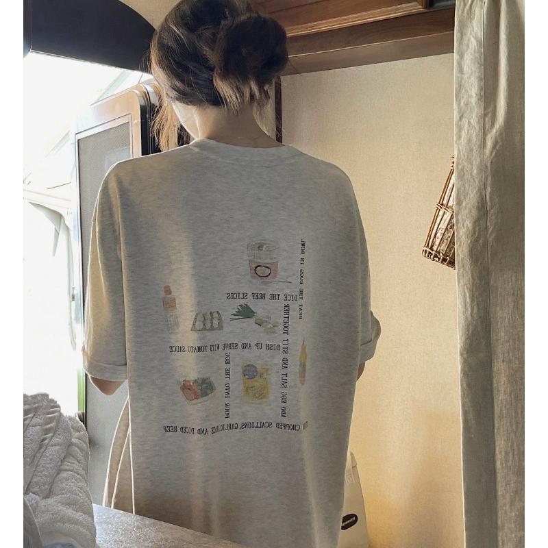 Camiseta Feminina de Algodão de Comprimento Médio com Gola Redonda, Estampa de Letras e Mangas Curtas, Tops Soltos de Nicho para o Verão