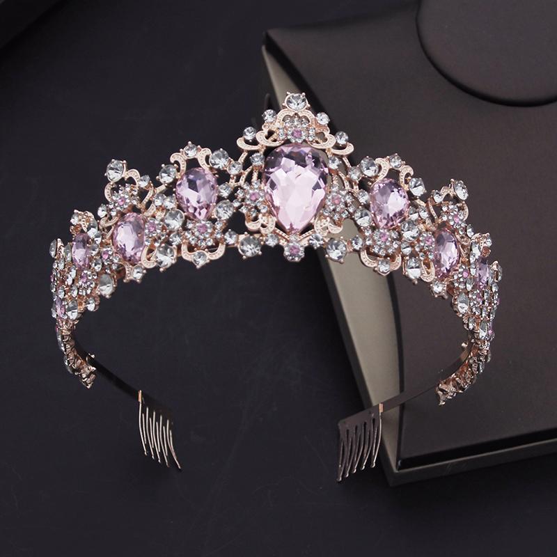 Luxury Pink Crystal Bridal Jewelry Sets for Women Tiaras Necklace Sets Girls Wedding Crown Combs Bride Jewelry