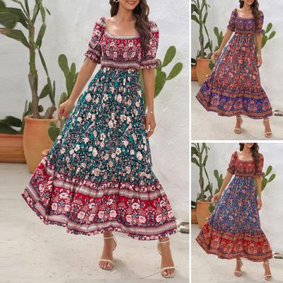 Women's Boho Maxi Dress Summer Casual Floral Print Flowy Dresses Puff Short