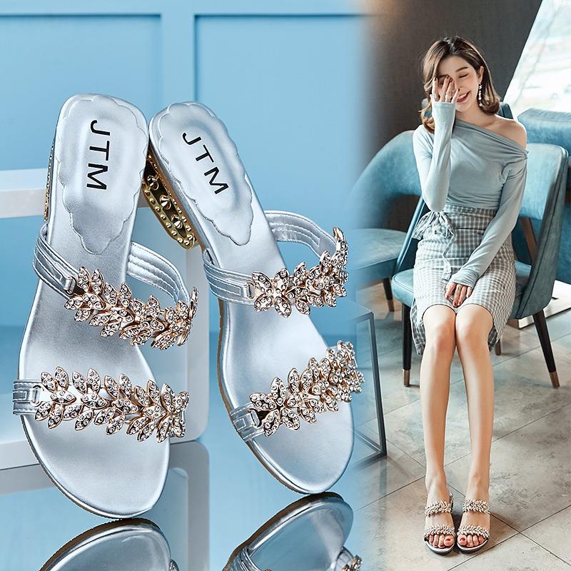 Summer new rhinestone sandals large size thick heel sandals fashionable outer wear one word medium heel women's shoes