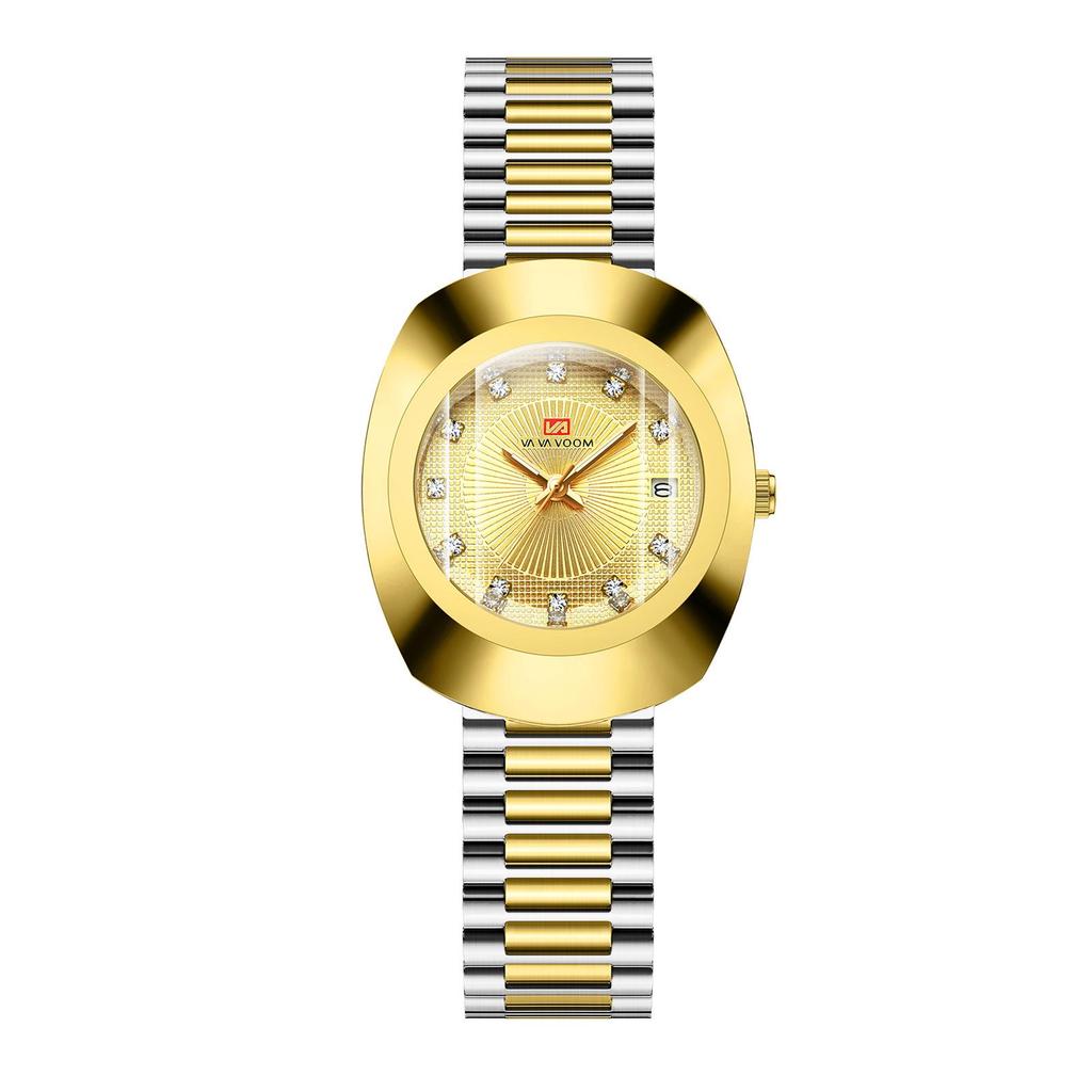 Gold Diamond-Set Waterproof Quartz Couple Watch with Steel Band
