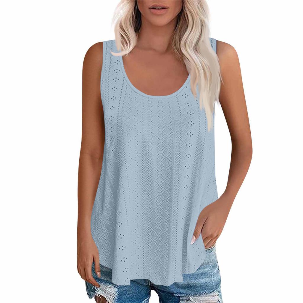 Sleeveless Eyelet Lace Tank Top for Women Casual Summer Scoop Neck Loose Fit Blouse Hollow Out Lightweight Shirt