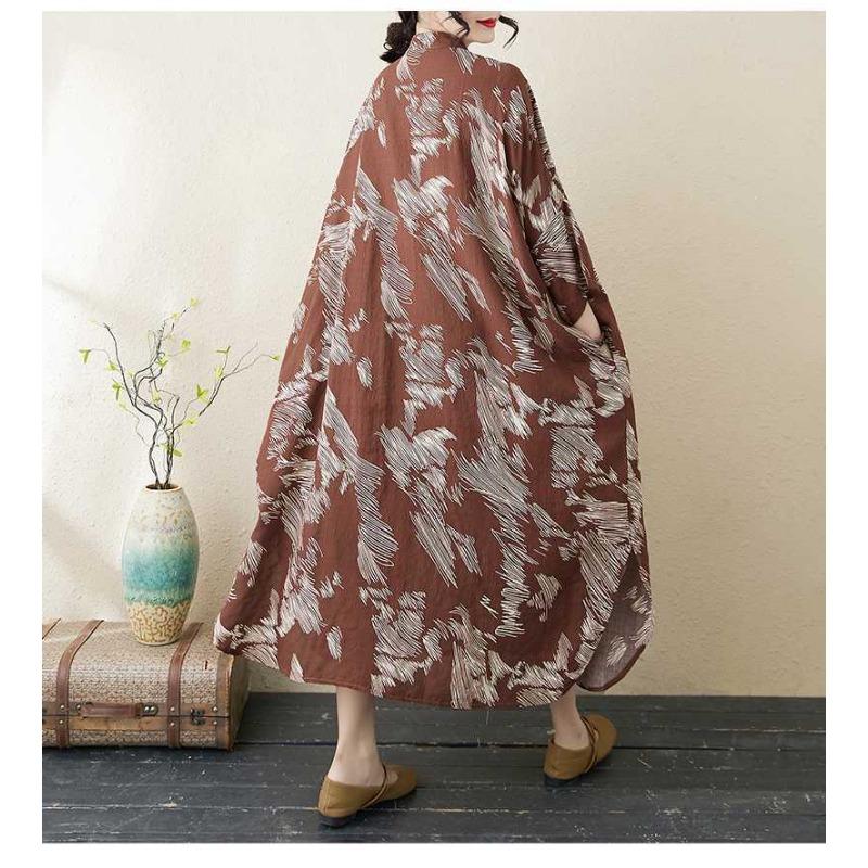 Temperament Literary Vintage Printed Stand Collar Loose Oversized Vacation Dresses