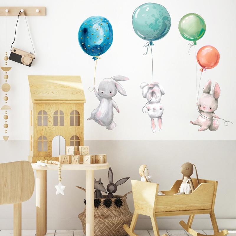 New Colorful Balloon Rabbits Bedroom Wall Stickers for Kids Room Decoration Grey Bunny Wall Stickers for Children Nursery Wall Decal