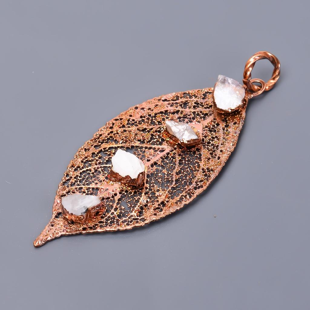 Rainbow Moonstone Rough Gemstone Copper Electroformed Handcrafted Ethnic Pendant V-38